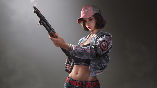 Cute Girl Wearing Cap With Gun Wallpaper