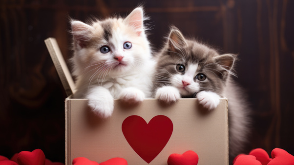Cute Kitties Cozy In A Heart Box Wallpaper