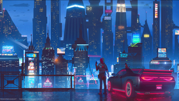 Cybeprunk City Science Fiction Car Ride Night Glow Wallpaper