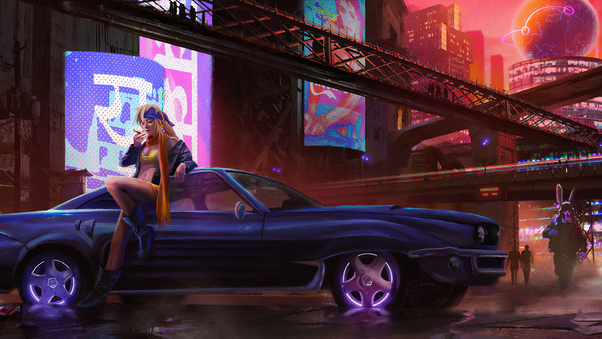 Cyber City Girl With Car Wallpaper