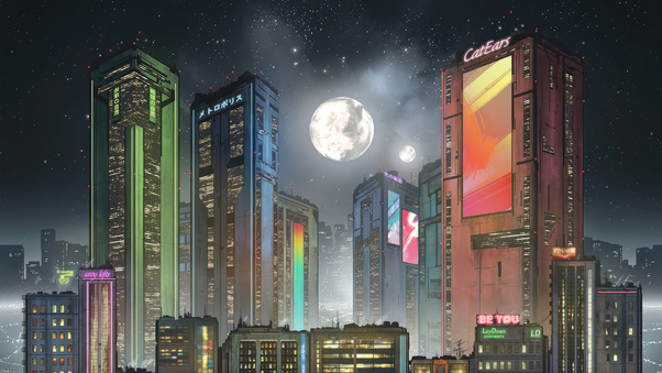 Cyber Cityscape Under A Big Moon Wallpaper