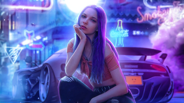 Cyber Girl With Cars Wallpaper