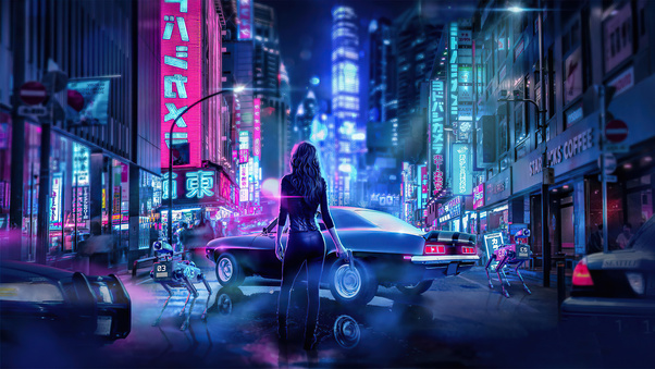 Cyber Japan Neon Lights Girl With Gun 4k Wallpaper