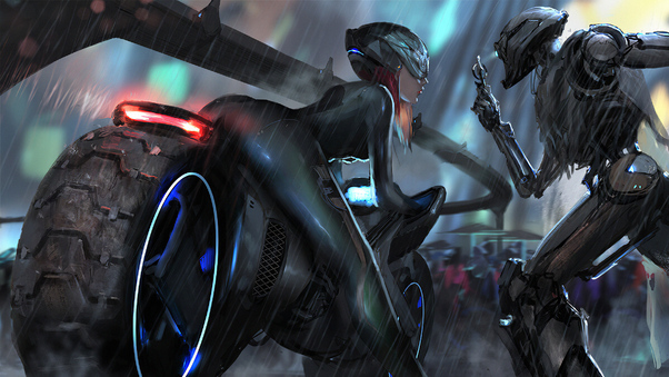 Cyberpunk Bike Girl Robot Wallpaper