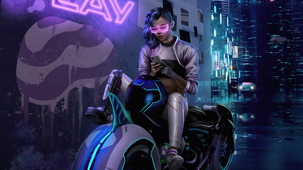 Cyberpunk Bike Girl Texting Phone 4k Wallpaper