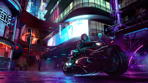 Cyberpunk City Girl With Bike 4k Wallpaper