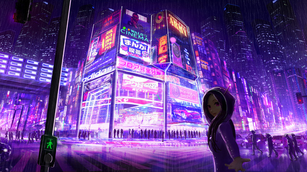 Cyberpunk Cityscape Girl Digital Art Wallpaper