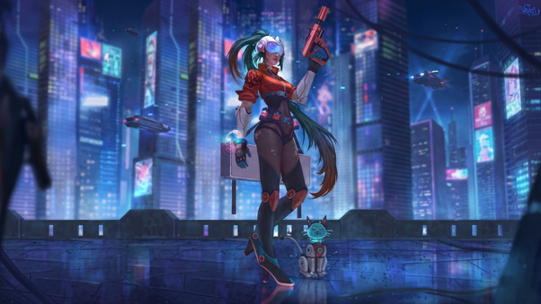 Cyberpunk Female Warrior In City (5120x2880) Resolution Wallpaper