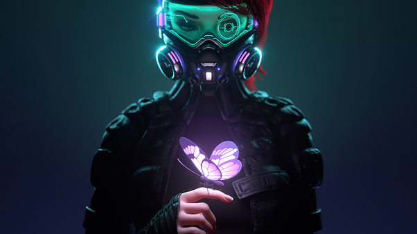 Cyberpunk Girl In A Gas Mask Looking At The Glowing Butterfly Landed On Her Finger 4k Wallpaper