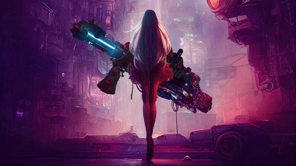 Cyberpunk Girl With Big Gun In Scifi World Wallpaper