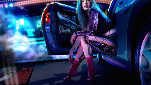 Cyberpunk Girl With Car4k Wallpaper