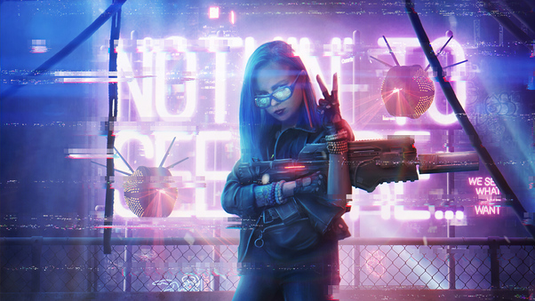 Cyberpunk Girl With Gun Neon 4k Wallpaper
