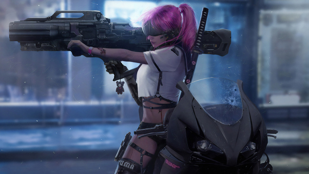 Cyberpunk Girl With Rocket Launcher Wallpaper