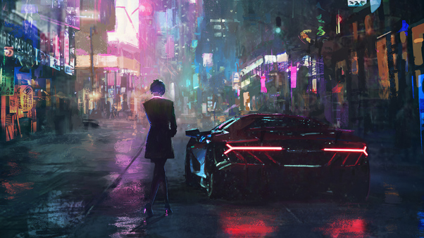 Cyberpunk Lamborghini Girl Alongside Wallpaper