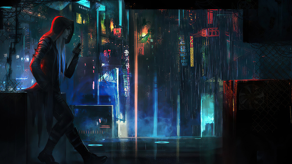 Cyberpunk Rain Town Man Standing Wallpaper