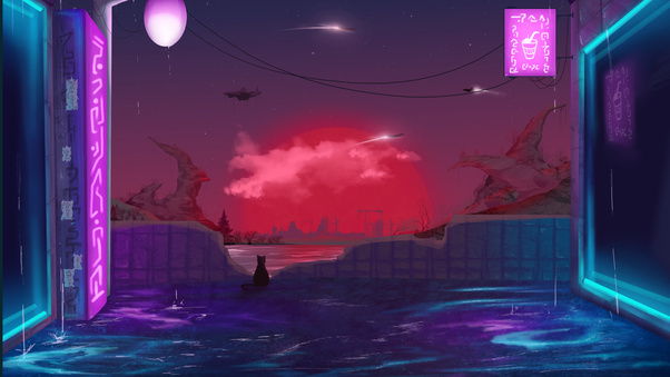 Cyberpunk Twilight A Cat Solitude Wallpaper