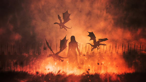 Daenerys Targaryen With Dragons Illustration Wallpaper