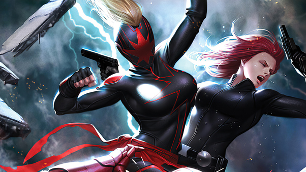 Dark Captain Marvel Vs Iron Man And Black Widow Wallpaper