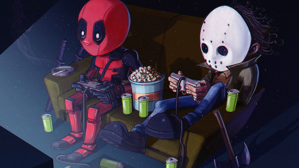 Deadpool And His Friend Playing Video Games Wallpaper