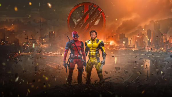 Deadpool And Wolverine In A City Ablaze Wallpaper