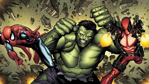 Deadpool Hulk Spiderman Art Wallpaper