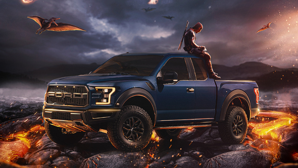Deadpool With Ford Raptor Wallpaper