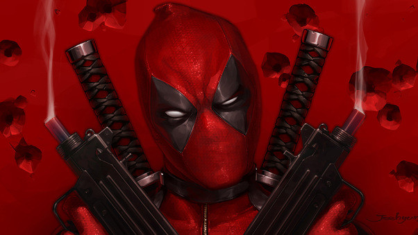 Deadpool With Guns Up Art Wallpaper