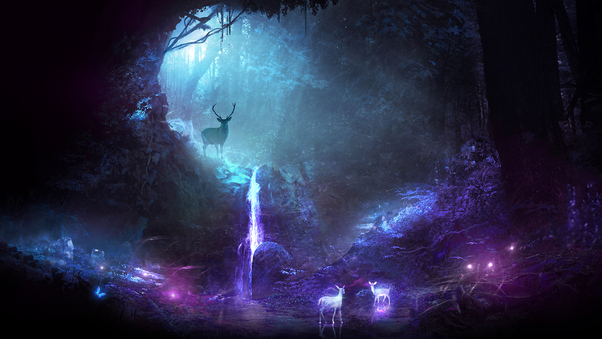 Deer Animal Night Fantasy Waterfall Wallpaper