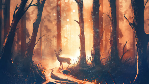 Deer Forest Sunbeams Wallpaper