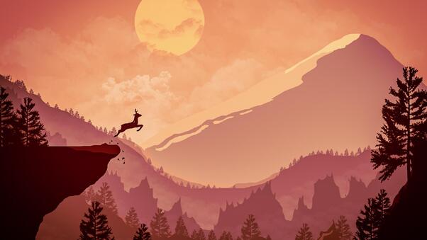 Deer Jumping Out From Mountain Minimalism Wallpaper
