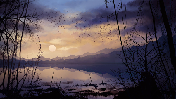 Digital Painting Lake Landscape Nature Wallpaper