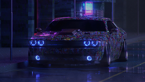 Dodge Challenger On Street Neon 5k Wallpaper