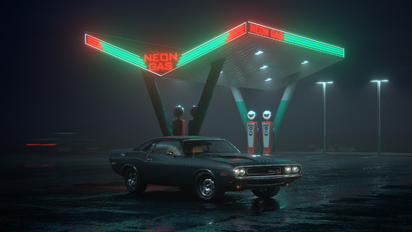 Dodge Challenger RT At Neon Gas Station Wallpaper