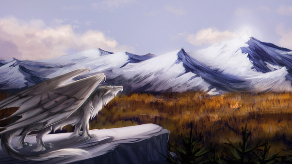 Dragon Feral Landscape Fantasy Mountain Art 5k Wallpaper