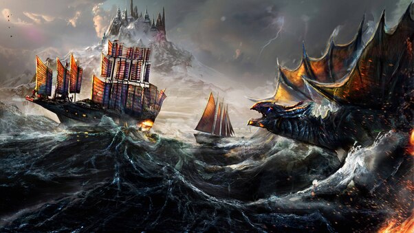 Dragon Fight Ocean Ship Painting 5k Wallpaper