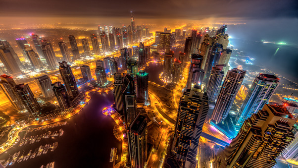 Dubai Buildings Night Lights Top View 8k Wallpaper
