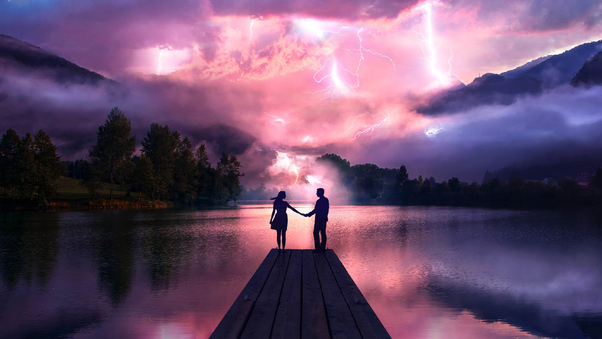 Electric Love Couple Holdings Hands At Pier Wallpaper