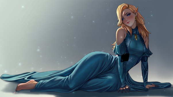 Elegant Blonde Elf In Blue Dress (1152x864) Resolution Wallpaper