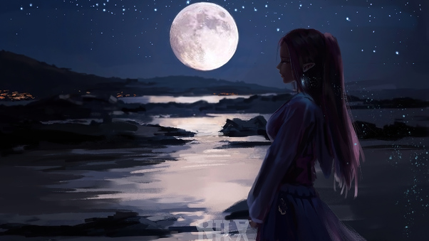 Elf Moonset River Fantasy Art 4k Wallpaper