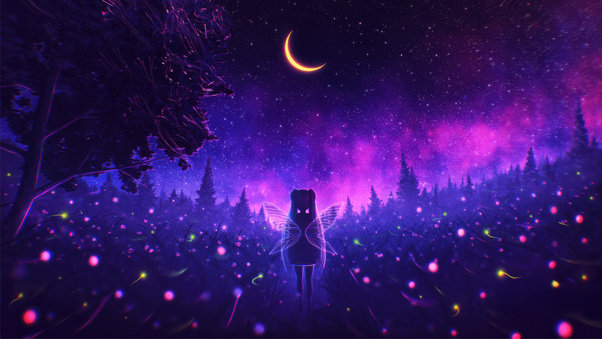 Fairy Girl With Wings Mystical Forest Moon (1336x768) Resolution Wallpaper
