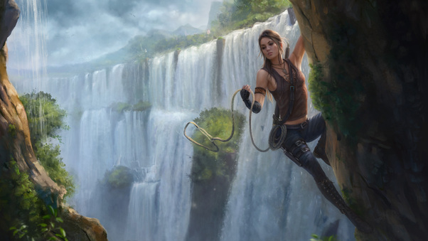 Fantasy Girl Climbing Through The Waterfall Wallpaper