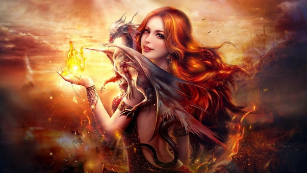 Fantasy Girl Dragon Fire Wallpaper