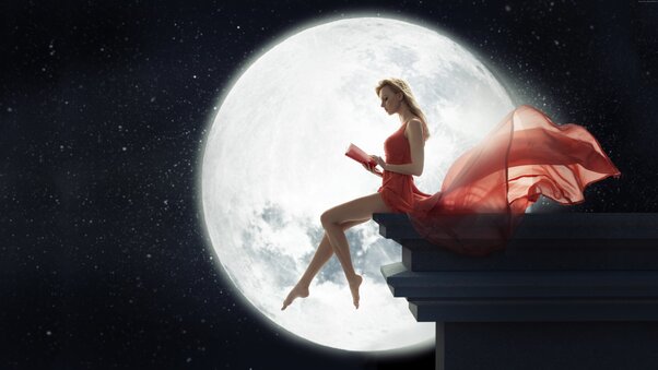 Fantasy Girl Sitting On Roof Reading Book Moon Wallpaper