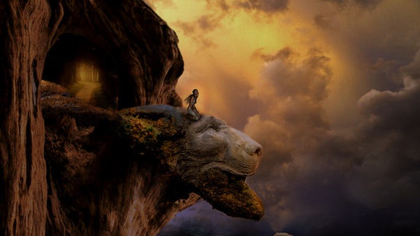 Fantasy Lion Head Artistic Top View Mountains Wallpaper