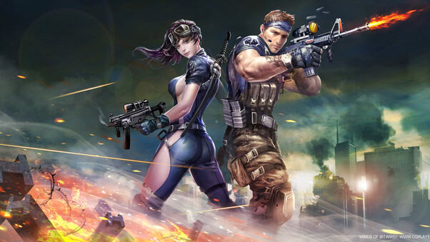 Fighter Girl And Boy With Big Guns Wallpaper