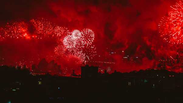 Fireworks Red Evening Festival Explosion 4k Wallpaper