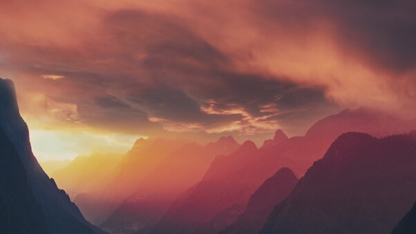 Fog Landscape Mountains Sunset 8k Wallpaper