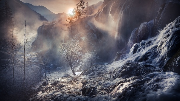 Fog Nature Sunbeam Waterfall Winter Wallpaper