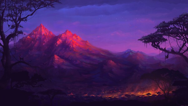Forest Mountains Colorful Night Trees Fantasy Artwork 5k Wallpaper