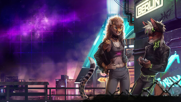 Fox And Leopard In Scifi Cyberpunk World 4k Wallpaper